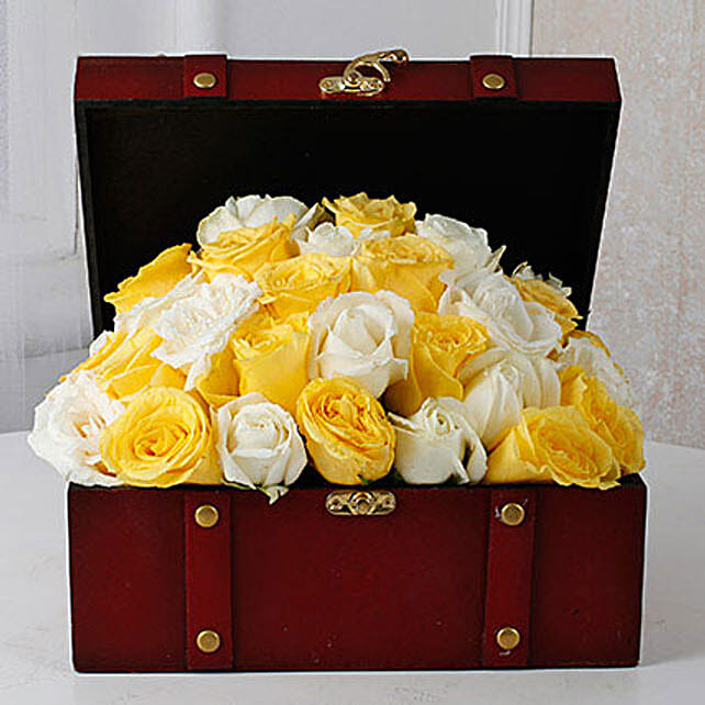 Beautiful Box Of Roses Gift Square wooden Flower box Ferns N Petals