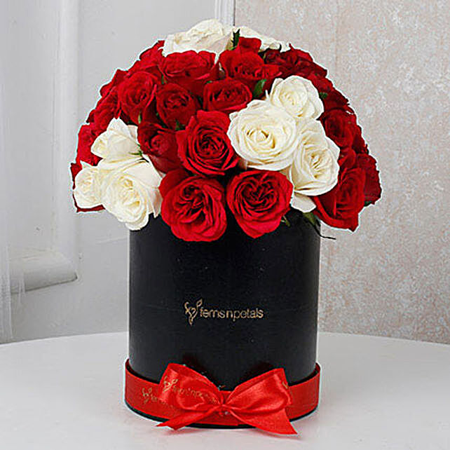 Box Arrangement of Red & White Roses