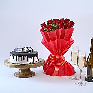 Red Roses with Cake - Bunch of 10 Red Roses and 500gm chocolate Cake.