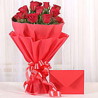 Bouquet N Greeting Card - Bunch of 10 Red roses and greeting card.