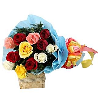 Bouquet of 5 red roses, 2 yellow roses, 3 white roses and 2 pink roses