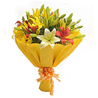Colours Of Love - Bunch of 8 colorful asiatic lilies in yellow paper packing.