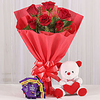 Divine Love - Bunch of 6 Red Roses with 6inch cute Soft & 5 Cadbury Chocolates.