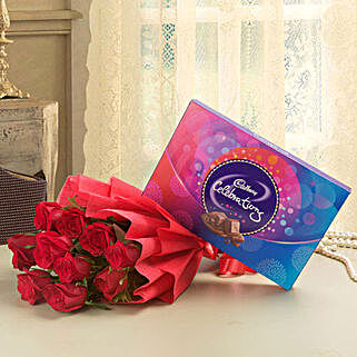 Combo of a bunch of 10 red roses with cadbury celebrations chocolate box