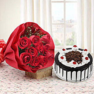 My Sweet Bouquet - Bunch of 10 red roses in paper packing and half kg blackforest cake.