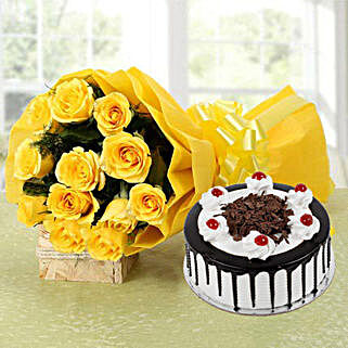 Perfect Combo To Gift - Bunch of 12 Yellow Roses with 500gm Blackforest Cake.