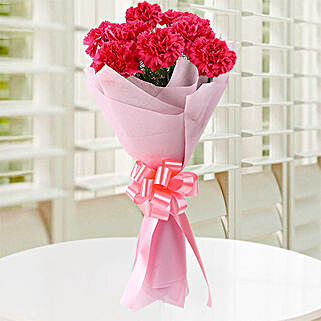 Pink Carnations N Love - Bunch of 8 Pink Carnations in pink paper packing.