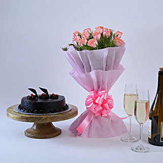 Pink Roses with Cake - Bouquet of 10 pink roses with in paper packing and 500 grams of chocolate truffle cake.