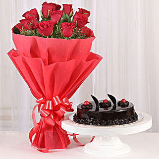 Red Rose with Cake - Bouquet of 10 red roses and 500 grams of chocolate truffle cake.