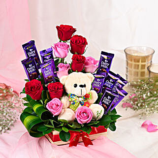 Hamper of flowers, chocolates and teddy bear